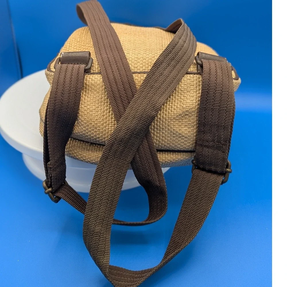 Vintage GAP Mini Backpack Tan Woven Straw Textured Small Rucksack Brown Trim